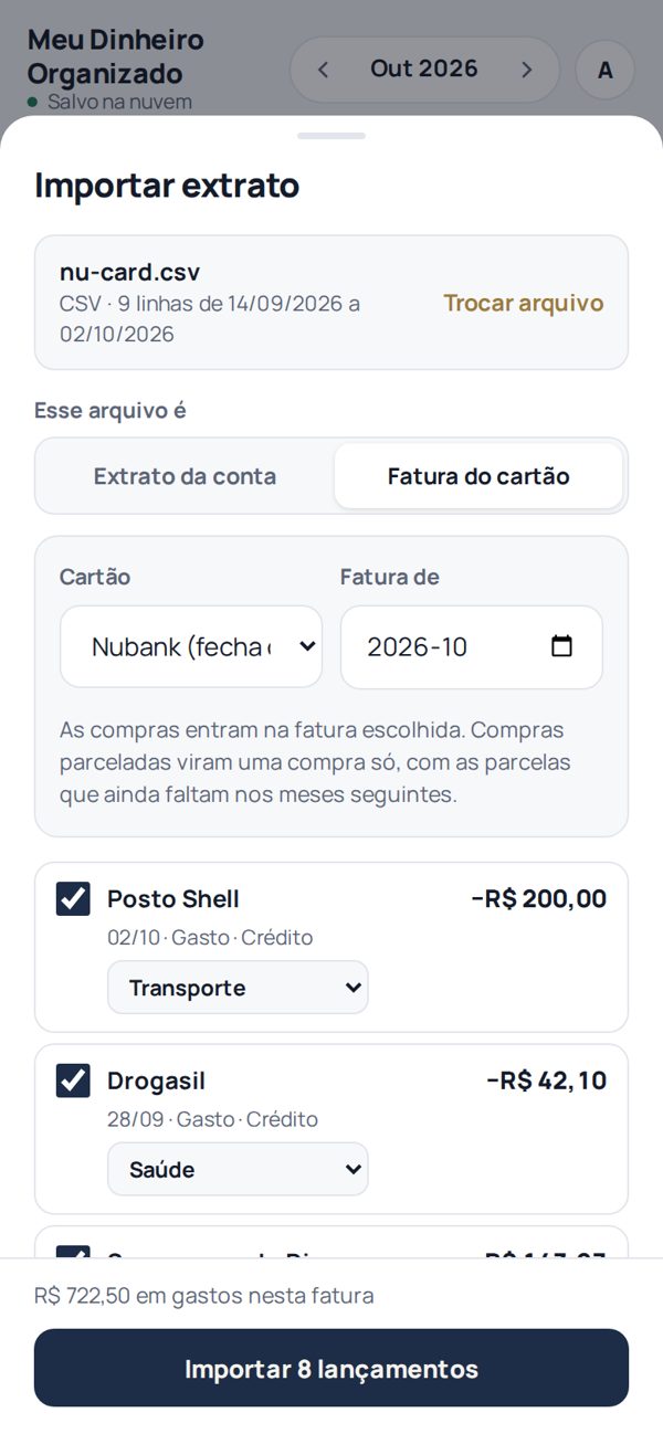 Importação do extrato com categorias sugeridas