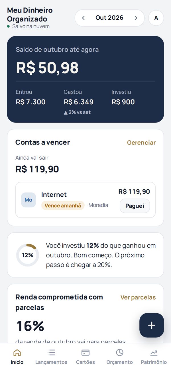 Tela inicial com o saldo do mês e as contas a vencer